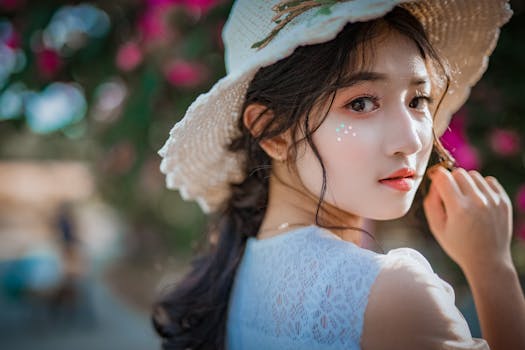 Portrait of a young Asian woman wearing a sun hat, surrounded by vibrant flowers.