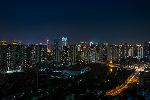 Explore the vibrant Chengdu skyline at night showcasing urban architecture and city lights.